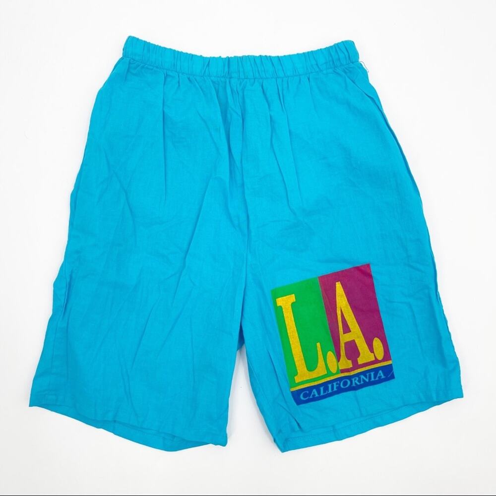 VINTAGE Shorts Blue L.A. California Cotton Long Bermuda Made in USA Size Small